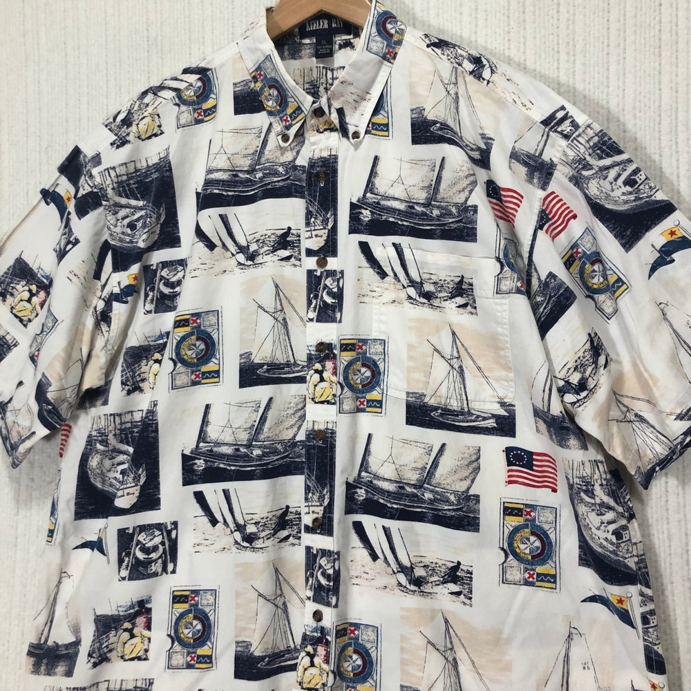 Keeler Bay XL Nautical Sailboat Print Button Up‎ Short Sleeve Shirt